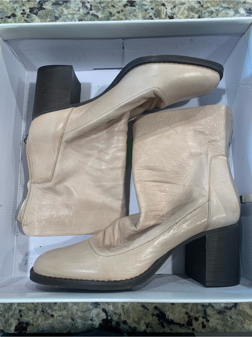 Chelsea & Violet Cream Mid-Calf Leather Block Heel Boots